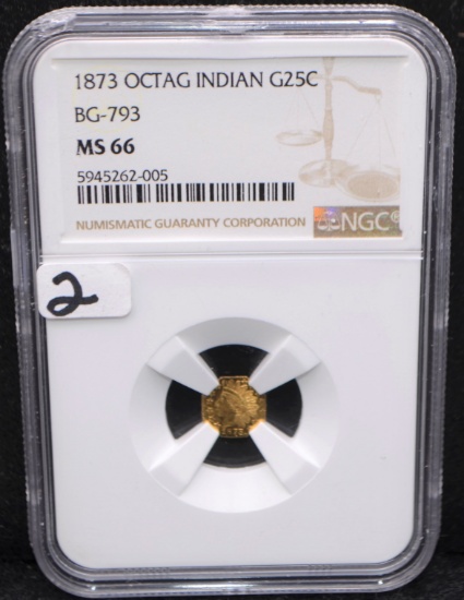 RARE 1873 OCTAGON INDIAN 25 CENT GOLD NGC MS66