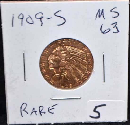 RARE 1909-S $5 INDIAN HEAD GOLD COIN