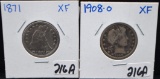 1871 SEATED LIBERTY & 1908-0 BARBER QUARTERS