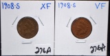 TWO 1908-S INDIAN HEAD PENNIES