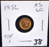 1852 TYPE 1 $1 GOLD COIN