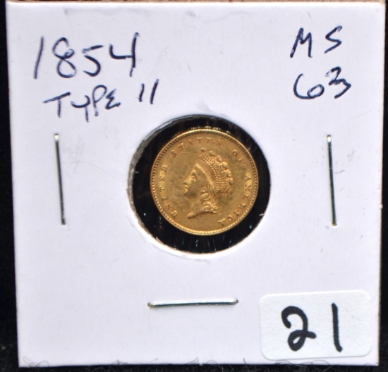 RARE 1854 $1 TYPE 2 INDIAN GOLD COIN