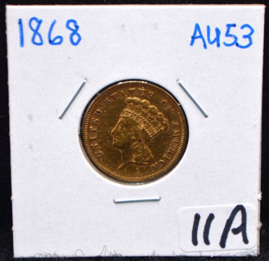 1868 $3 INDIAN HEAD GOLD COIN