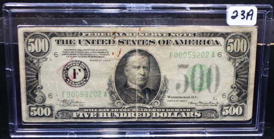 RARE $500 FEDERAL RESERVE NOTE SERIES 1934 A