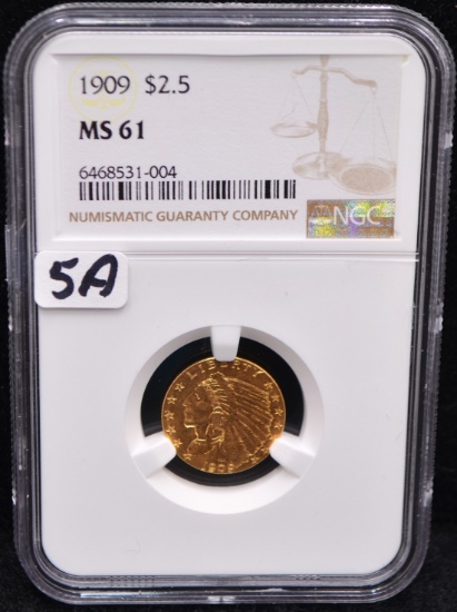 1909 $2 1/2 INDIAN HEAD GOLD COIN - NGC MS61