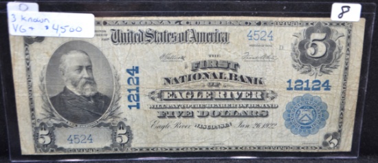 VERY RARE $5 NATIONAL CURRENCY "EAGLE RIVER - WISC