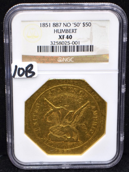 1851 887 NO "50" $50 HUMBERT GOLD COIN NGC XF40