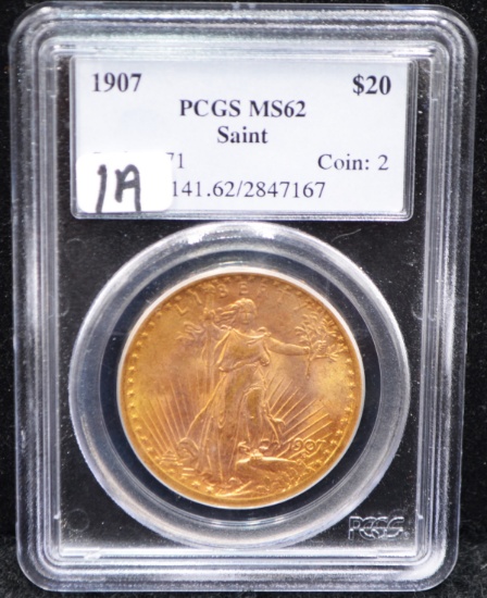 1907 SAINT GAUDENS $20 GOLD COIN - PCGS MS62