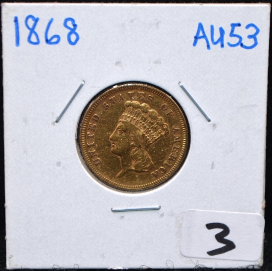 SCARCE 1868 $3 INDIAN GOLD COIN