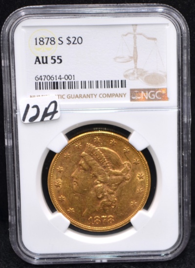 1878-S $20 LIBERTY HEAD GOLD COIN - NGC AU55