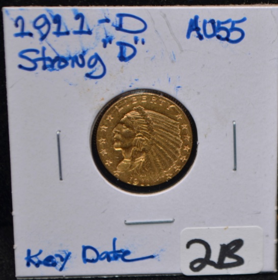 CHOICE KEY  DATE 1911-D $2 1/2 INDIAN GOLD COIN