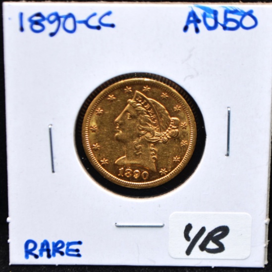 RARE 1890-CC $5 LIBERTY GOLD COIN