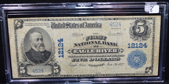 VERY RARE $5 NATIONAL CURRENCY "EAGLE RIVER, WISC"