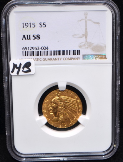 SCARCE 1915 $5 INDIAN HEAD GOLD COIN -NGC AU58