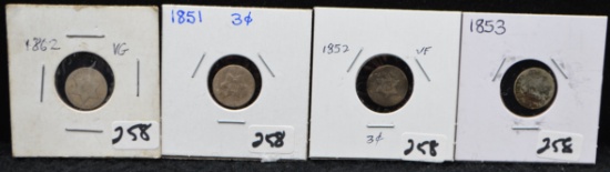 4 DIFFERENT 3-CENT SILVER COINS