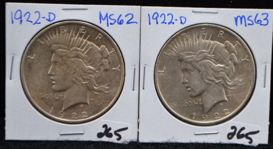 TWO 1922-D PEACE DOLLARS FROM LARGE COLLECTIONS
