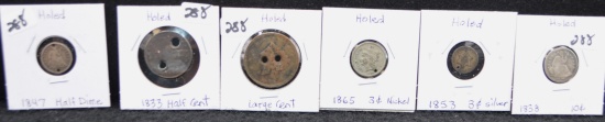 6 19TH CENTURY TYPE COINS - HOLED