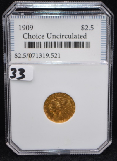 HIGH GRADE 1909 $2 1/2 INDIAN HEAD GOLD COIN