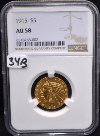 1915 $5 INDIAN HEAD GOLD COIN - NGC AU58