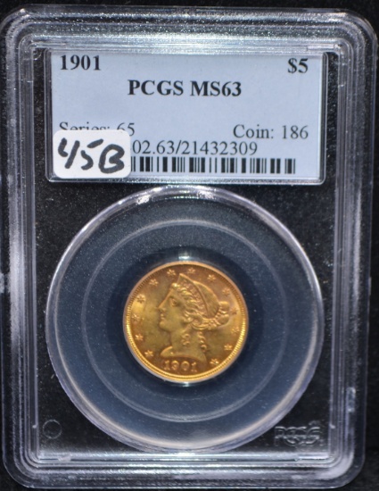 1901 $5 LIBERTY HEAD GOLD COIN - PCGS MS63