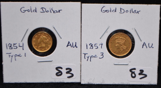 1854 TYPE 1 $1 GOLD & 1857 TYPE 3 $1 GOLD COIN