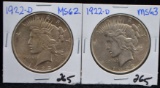 TWO 1922-D PEACE DOLLARS FROM LARGE COLLECTIONS