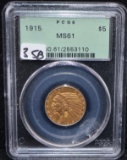 1915 $5 INDIAN HEAD GOLD COIN - PCGS MS61