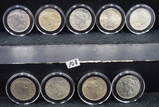 9 AU/BU DIFFERENT DATE PEACE DOLLARS
