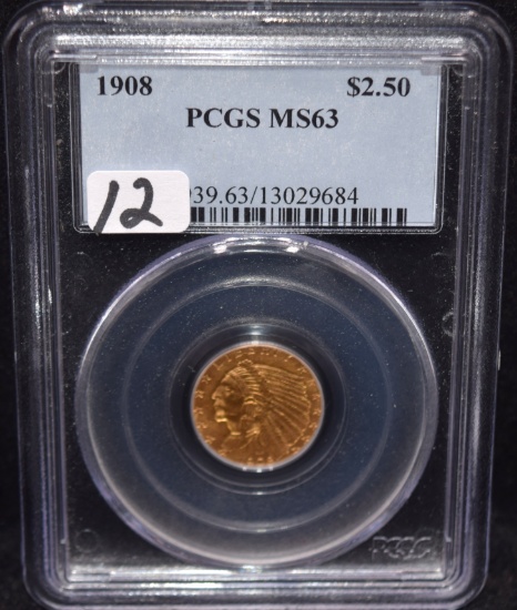 1908 $2 1/2 INDIAN HEAD GOLD COIN - PCGS  MS63
