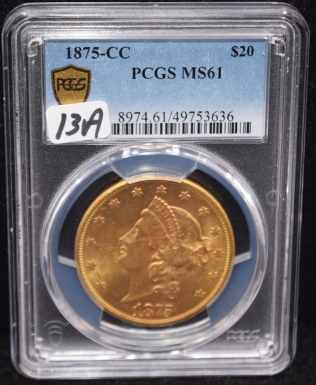 RARE 1875-CC $20 LIBERTY GOLD COIN - PCGS MS61