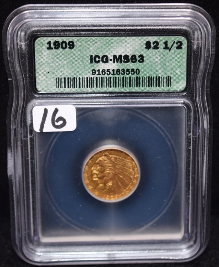RARE 1909 $2 1/2 INDIAN HEAD GOLD COIN -  ICG MS63