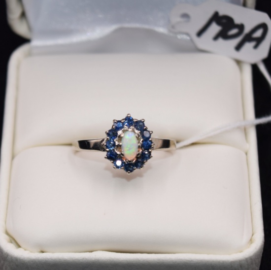 LADIES SAPPHIRE & OPAL10K WHITE GOLD RING