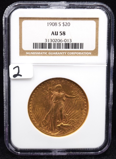 RARE 1908-S $20 SAINT GAUDENS GOLD COIN - NGC AU58