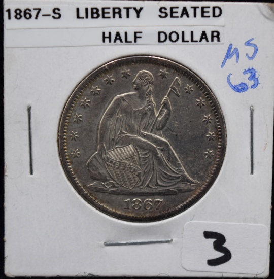 RARE 1867-S TYPE 5 SEATED LIBERTY HALF DOLLAR