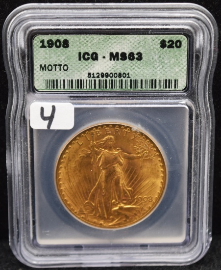 1908 W/MOTTO $20 SAINT GAUDENS GOLD COIN ICG MS63