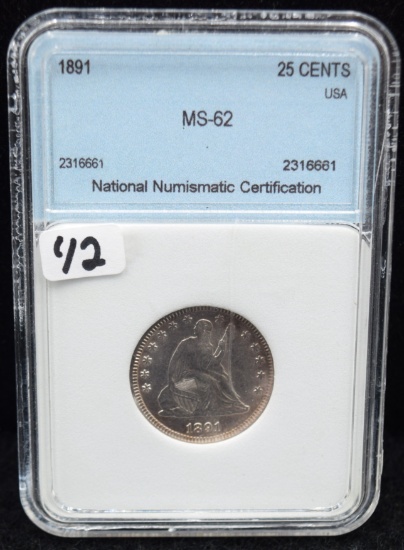 1891 TYPE 5 SEATED LIBERTY QUARTER - NNC MS62
