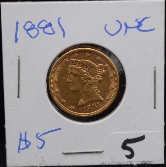 HIGH GRADE 1881 $5 LIBERTY HEAD GOLD COIN