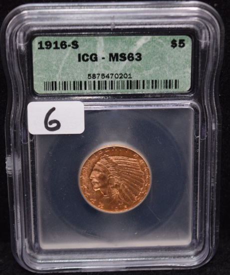 1916-S $5 INDIAN HEAD GOLD COIN - ICG MS63