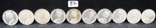 TEN BRITISH 1882-1892 ONE RUPEE SILVER COINS