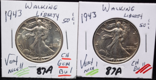 2 HIGH GRADE 1943 WALKING LIBERTY HALF DOLLARS