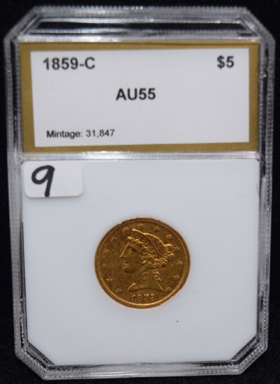 RARE 1859-C $5 LIBERTY HEAD GOLD COIN - PCI AU55