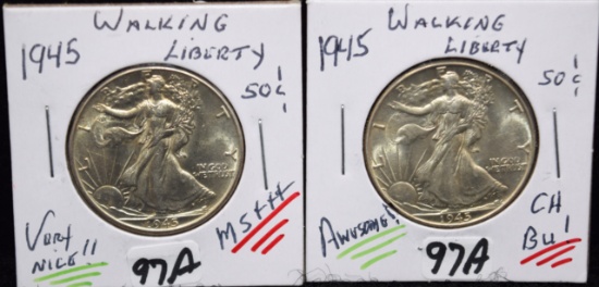 2 HIGH GRADE 1945 WALKING LIBERTY HALF DOLLARS