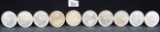 TEN BRITISH 1901-1915 ONE RUPEE SILVER COINS