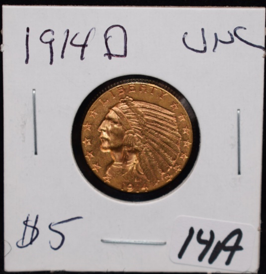 HIGH GRADE 1914-D $5 INDIAN HEAD GOLD COIN
