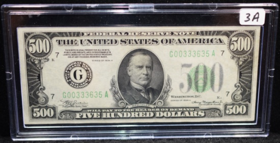 CHOICE AU+ $500 FED. RESERVE NOTE SERIES 1934-A