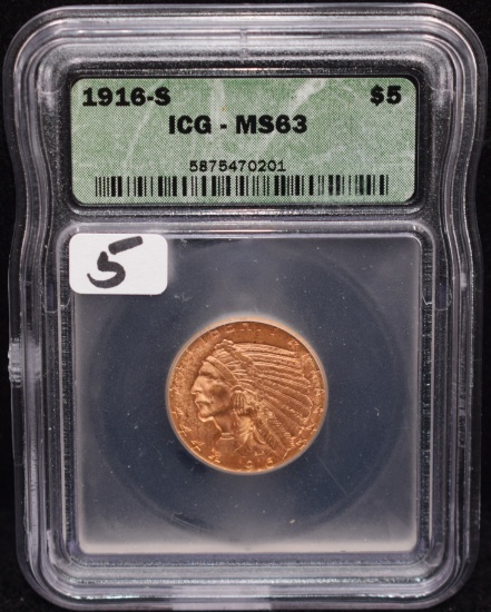 RARE 1916-S $5 INDIAN HEAD GOLD COIN - ICG MS63