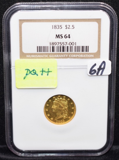 "RARE" 1835 $2 1/2 CLASSIC HEAD GOLD - NGC MS64