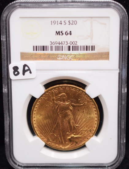 SCARCE 1914-S $20 ST. GAUDENS GOLD COIN -NGC MS64