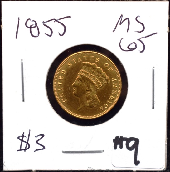 RARE HIGH GRADE 1855 $3 PRINCESS GOLD COIN