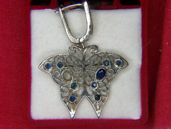 .925 Ladies Sapphire Butterfly Pendant 1 1/2" X 1 1/4"